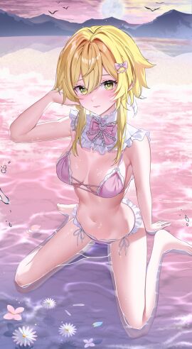 1girls absurd_res absurdres aqua74286 arm_support armpits bare_armpits bare_arms bare_belly bare_calves bare_chest bare_hands bare_hips bare_knees bare_legs bare_midriff bare_navel bare_shoulders bare_skin bare_soles bare_thighs barefoot belly belly_button bikini bikini_bottom bikini_only bikini_top blonde-haired_female blonde_eyebrows blonde_female blonde_hair blush blush_face blushed_face blushing_at_viewer blushing_face blushing_female breasts busty busty_female calves cleavage clouds collarbone day daytime dot_nose dripping_wet elbows embarrassed_exposed_female embarrassed_expression embarrassed_female exposed exposed_armpits exposed_arms exposed_belly exposed_feet exposed_heels exposed_legs exposed_midriff exposed_shoulders exposed_thighs exposed_toes eyebrows_visible_through_hair feet female female_focus female_only fingers frilled_bikini frilled_bikini_bottom frilled_bikini_top frilled_swimwear full_body genshin_impact groin hair_between_eyes hair_ornament hair_ornaments hair_ribbon hand_behind_head hand_on_floor hand_on_ground hand_on_hair hand_on_head hand_on_own_hair hand_on_own_head high_resolution highres knees lean_figure legs legs_apart light-skined_female light-skinned_female light_skin lips long_hair looking_at_viewer looking_up looking_up_at_viewer lumine_(genshin_impact) medium_breasts narrow_waist navel outdoor_nudity outdoors outside pale-skinned_female pale_skin partially_submerged partially_submerged_legs petite petite_body petite_female pink_bikini pink_bikini_bottom pink_bikini_top pink_hair_ribbon pink_ribbon pink_string_bikini pink_swimsuit pink_swimwear pussy ribbon short_hair shoulders side-tie_bikini sidelocks sitting sitting_on_ass sitting_on_floor sitting_on_ground sitting_sky slender_body slender_waist slim_female slim_waist smooth_skin soaked soaked_pussy soles solo spread_legs string_bikini submerged_feet submerged_legs swimsuit swimwear thick_thighs thighs thin_waist water wet wet_ass wet_belly wet_bikini wet_body wet_breasts wet_butt wet_face wet_hair wet_legs wet_pussy wet_skin wet_thighs wet_vagina wide_hips yellow-eyed_female yellow_eyes