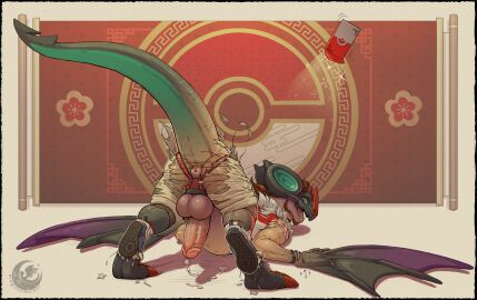 all_fours anthro anus asian_mythology ass balls beard bent_over big_ass big_balls big_butt big_penis bodily_fluids bracelet chinese_mythology chinese_new_year clothing dragoncrescent dripping east_asian_mythology envelope facial_hair footwear generation_6_pokemon genital_fluids genital_growth genitals growth hi_res humanoid jewelry jockstrap male membrane_(anatomy) membranous_wings mid-transformation mythology nintendo noivern penis pokemon pokemon_(species) precum precum_drip puffy_anus raised_tail red_envelope scale_growth scales scaly_tail scroll shoes solo surprised_expression tail tail_burst torn_clothing transformation underwear wings