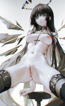 anus arknights arm_support black_hair black_thighhighs breasts breasts_apart censored chromatic_aberration collarbone commentary_request cross cross_necklace female green_eyes green_pupils halo highres iumu jewelry lace-trimmed_thighhighs lace_trim long_hair looking_at_viewer medium_breasts mosaic_censoring necklace nipples nude paid_reward_available pussy sidelocks skindentation smirk solo spread_legs thighhighs very_long_hair virtuosa_(arknights) white_background