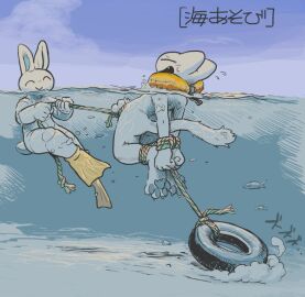 2022 4_toes 5_fingers ambiguous_gender ankles_tied anthro balls balls_tugging biped blue_pawpads blush bodily_fluids bondage bound claws cock_and_ball_torture cock_and_balls_torture digital_media_(artwork) domestic_cat duo fangs feet felid feline felis fingers fish flippers fluffy fluffy_tail fur genital_torture genitals gizee hindpaw inflatable japanese_text kigoh kigoh-neko lagomorph leporid long_ears male mammal marine onomatopoeia open_mouth open_smile outside pawpads paws penis rabbit restraints rope rope_bondage sharp_teeth sky smile sound_effects sweat swimming tail teeth text tire tired toe_claws toes underwater water white_body white_fur wrists_tied