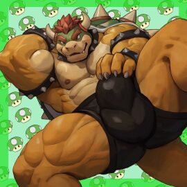 1:1 2024 abs anthro areola armband bara biceps big_bulge big_muscles border bowser bracelet bulge claws clothed clothing collar detailed_bulge eyebrows fungus green_background green_border hair hand_behind_head hand_on_bulge hi_res horn huge_bulge huge_muscles jewelry koopa looking_at_viewer lt0 lying male male_focus mario_(series) muscles muscular muscular_anthro muscular_male mushroom nintendo nipples non-mammal_nipples obliques on_back pattern_background pecs quads scalie seductive serratus shell simple_background smile solo spiked_armband spiked_bracelet spiked_collar spiked_shell spikes spikes_(anatomy) thick_arms thick_thighs topless topless_anthro topless_male underwear underwear_only yaoi
