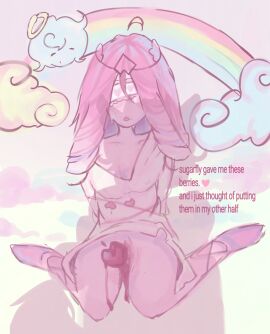 cloud clouds cookie_run cookie_run_kingdom curly_hair devsisters dialogue eternal_sugar_cookie heart heart-shaped_pupils hollyberry_cookie osama_bin_airlines pink_body pink_hair pink_skin rainbow tagme