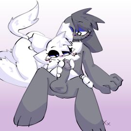1boy 1girls animal_humanoid anthro anthro_on_anthro breasts dominant_female feline female fur fur_breasts fur_thick_thighs furry gray_(sprunki) grey_fur incredibox_mod male masturbating_other sprunki toony wenda_(sprunki) white_fur