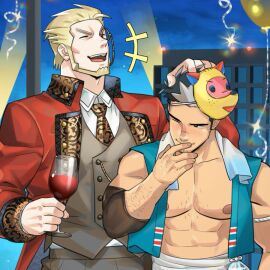 2boys abs alcohol bara bare_pectorals beard blush character_request chop_(ero_condo) couple da_thach ero_condo facial_hair full_beard happi headpat japanese_clothes kienbiu large_pectorals laughing male male_focus mask mask_on_head mature_male multiple_boys multiple_males muscular muscular_male necktie new_year nipples no_visible_genitalia official_alternate_costume one_eye_closed paid_reward_available pectorals short_hair sideburns sparse_arm_hair sparse_chest_hair stomach suit upper_body wine yaoi
