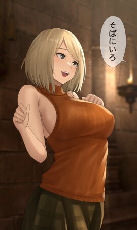 :d absurdres ashley_graham blonde_hair breasts covered_erect_nipples female highres kurone_rinka kuronerinka large_breasts open_mouth orange_shirt resident_evil resident_evil_4 shirt sideboob skirt sleeveless smile solo speech_bubble standing translation_request