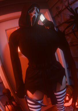 3d big_breasts breasts cellphone clothed costume detailed_background drakepowers female female_ghostface ghostface ghostface_(scream) halloween halloween_2024 halloween_costume halloween_decoration halloween_theme holding_phone holding_weapon killer knife mask masked_female porch pumpkin skeleton spider