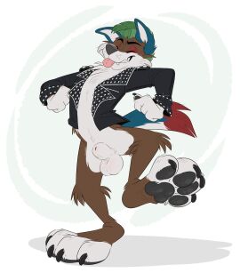 animal_genitalia anthro balls bottomless canid canine canis clairebear closed_eyes clothed clothing genitals happy hi_res jacket male mammal mohawk pawpads paws penis punkwolf sheath solo standing toony topwear topwear_only wolf