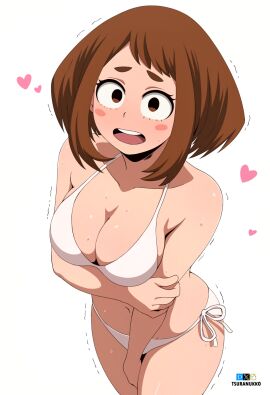 1girls ass big_ass big_breasts bikini blush breasts brown-haired_female brown_eyes brown_hair cute cute_but_busty embarrassed female female_focus female_only heart large_breasts looking_at_viewer my_hero_academia navel ochako_uraraka open_mouth solo solo_female solo_focus sweat swimsuit thick_thighs trembling tsuranukko