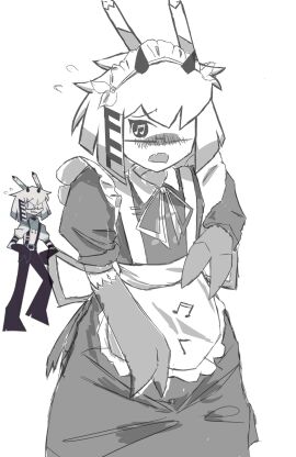 blush claws epokguyz femboy fundamental_paper_education glasses greyscale horns maid maid_outfit male mister_demi_(fundamental_paper_education) musical_note unfinished