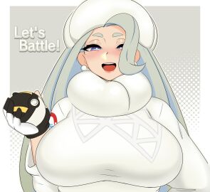 1girls big_breasts blue_eyes blush border breasts creatures_(company) earrings female fur_collar game_freak gloves gradient_background grey_background grey_hair hat highres holding holding_poke_ball jewelry large_breasts lips long_hair long_sleeves melony_(pokemon) nintendo open_mouth poke_ball pokemon pokemon_ss shnibbles smile solo sweater teeth tongue upper_body upper_teeth white_border white_hat white_sweater