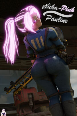 1girls 3d alternate_version_available ass ass_focus fallout fallout_76 female lazza_(artist) long_hair looking_at_viewer looking_back neon_hair pink_eyes pink_hair solo vault_girl vault_suit