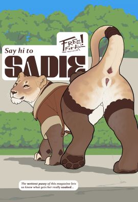 absurd_res advertisement animal_genitalia bodily_fluids clothed clothed_feral clothing digital_media_(artwork) felid female feral fur genital_fluids genitals hair hi_res lion magazine mammal p4wz pantherine presenting sadie_(snowskau) simple_background smile snowskau solo tail