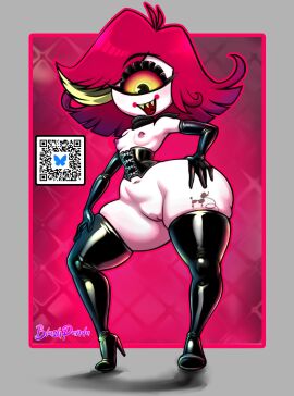 1_eye 1girls alternate_version_available areolae armwear big_ass black_corset black_eyes black_gloves black_thighhighs blushpanda bottomless breasts corset elbow_gloves fangs female female_only footwear full_body gloves hand_on_hip hazbin_hotel heels high_heels hips latex latex_clothing latex_gloves latex_thighhighs niffty nipples orange_sclera pussy red_hair short_hair shortstack small_breasts smile solo solo_female tattoo tattoo_on_thigh thick_thighs thighhighs thighs topless vagina white_body white_skin wide_hips