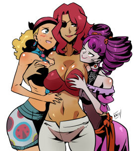 3girls admiring adult_swim assertive_female blonde_hair blush blush_lines blushing_at_another body_worship breasts brown_eyes charlotte_barry cleavage confident confident_female confident_smile curly_hair dominant_female dress eyepatch fawning_over female female_focus female_only female_with_female fena_pirate_princess grabbing_another's_breast grabbing_breast grabbing_breasts grace_o'malley_(fena_pirate_princess) groping groping_breast groping_through_clothes holding_other horny_female hourglass_figure kaizoku_oujo kukuruyo large_breasts lavender_skin long_hair lust lustful_gaze mary_read_(fena_pirate_princess) midriff_baring_shirt multiple_females multiple_girls multiple_partners pirate pirate_girl purple_hair red_hair shorts small_top smirk smirking smirking_at_another sweatdrop tan-skinned_female tan_skin thick_thighs toonami twintails twintails_(hairstyle) worship worshipping yuri