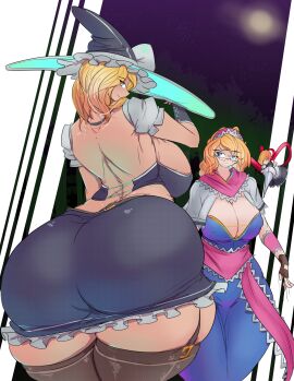 2d 2girls alice_margatroid ass back_view backboob big_ass big_breasts blonde_hair blue_eyes breasts breasts_bigger_than_head cleavage cleavage_cutout clothed clothed_female confused_look confusion dress duo fat_ass female female_only garter_straps gauntlets glasses gloves green_eyes greenm hair_ornament hat heavenly_ass hips huge_ass large_ass long_hair looking_at_another looking_at_partner looking_at_viewer looking_back looking_back_at_viewer marisa_kirisame moon night nipple_bulge outdoors sideboob skirt smile source striped_background thick_thighs thighhighs thighs touhou vest wide_hips witch_hat