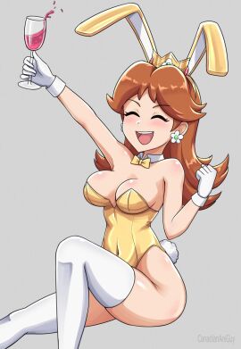 1girls artist_name breasts brown_hair bunny_ears bunny_tail busty canadiananiguy cleavage crown earrings female light-skinned_female light_skin mario_(series) nintendo playboy_bunny princess_daisy solo solo_female thighhighs wine_glass
