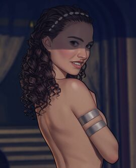 blush breasts brown_eyes brown_hair covering_breasts female looking_at_viewer natalie_portman padme_amidala smile star_wars topless topless_female viiperart
