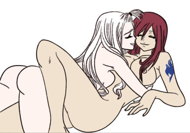 2girls arm_tattoo biggeek2256 blue_tattoo erza_scarlet fairy_tail fairy_tail_mark female mirajane_strauss red-haired_female red_hair tattoo white-haired_female white_hair yuri