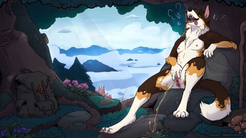 4_toes anthro anus backpack bodily_fluids border_collie brown_body brown_fur canid canine canis collie container cuntboy digitigrade dipstick_tail domestic_dog fangs feet fur genital_fluids genitals herding_dog hi_res hindpaw humanoid_genitalia humanoid_pussy intersex mammal markings meldritchhorror mountain nude on_rock pastoral_dog pawpads paws peeing peeing_on_ground pink_anus pink_pawpads pink_pussy pink_tongue pussy rock sheepdog solo tail tail_markings teeth toes tongue tongue_out urine urine_on_ground urine_stream watersports white_body white_fur