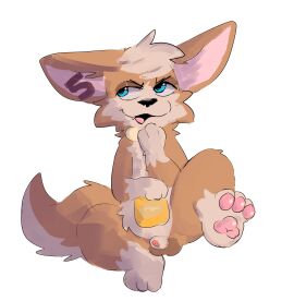 absurd_res animal_genitalia anthro balls big_ears blue_eyes canid canine chip_(mobile_legends) chips_(food) countershading cute_fangs dipstick_limbs fennec_fox food fox genitals hi_res holding_food holding_object looking_aside male male_only mammal mobile_legends nude pawfunk_(artist) pawpads penis penis_tip potato_chips sheath simple_background sitting snout solo spread_legs spreading tail true_fox white_background white_body white_countershading