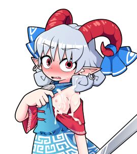 arm_at_side blue_dress blush commentary_request cum cum_on_body cum_on_chest cum_on_clothes cum_on_hair curled_horns detached_sleeves dress earrings embarrassed female flashing flat_chest grey_hair hand_up highres hoop_earrings horn_ornament horn_ribbon horns instant_loss jewelry looking_at_viewer nervous_sweating nipples open_mouth pointy_ears red_eyes red_horns red_sleeves ribbon sharp_teeth sheep_horns short_hair simple_background sleeveless sleeveless_dress solidus_(sword_cube) solo surprised sweat sweatdrop teeth textless_version touhou toutetsu_yuuma upper_body upper_teeth_only variant_set white_background wide-eyed