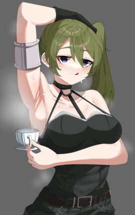 arm_up armpit armpit_fetish armpits arms_up armwear bodily_fluids breasts collection_cup cup female glove green_hair jadja_(artist) ponytail purple_eyes side_ponytail sousou_no_frieren sweat sweat_fetish sweatdrop sweating sweaty sweaty_body tongue tongue_out ubel_(sousou_no_frieren)