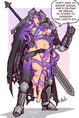 absurd_res armor artist_name belly bodily_fluids breasts dialogue disguise duo english_text entangled female flesh_creature full-length_portrait genital_fluids gesture greatsword hand_gesture hi_res human human_on_humanoid humanoid interspecies knight living_armor lluisabadias male male/female mammal melee_weapon mid_transformation mimic monster navel nipples not_furry oral oral_penetration penetration portrait puddle purple_flesh rubbing_pussy sex signature sir_guy_knightman speech_bubble susan_(lluisabadias) suspended_via_tentacles sword sword_on_back teeth tentacle tentacle_creature tentacle_in_mouth tentacle_penetration tentacle_sex text thumbs_up tongue tongue_out transformation unravelling vaginal_fluids warrior weapon wet_legs