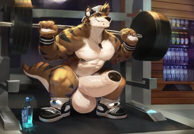 absurd_res anthro backwards_baseball_cap backwards_hat balls barbell baseball_cap big_balls big_penis bodily_fluids bottle brown_body brown_fur bulge canid canine canis clothing container crouching darkgem detailed_bulge domestic_dog ear_piercing exercise footwear footwear_only foreskin fur genitals grin hat headgear headwear hi_res huge_balls huge_cock humanoid_genitalia humanoid_penis hybrid hyper hyper_genitalia hyper_penis industrial_piercing jewelry kyo_(kiasano) male mammal mostly_nude muscular muscular_anthro muscular_male mustelid necklace nipple_piercing nipples otter pecs penis piercing shoes shoes_only smile sneakers socks solo squats sweat tail tenting thick_tail uncircumcised vending_machine water_bottle weightlifting weights whiskers workout