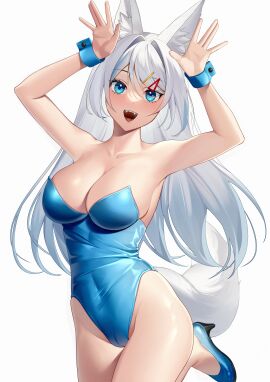 :d armpits arms_up breasts bunnysuit cleavage collarbone female fox_ears fox_girl fox_tail groin high_heels highres large_breasts looking_at_viewer meridian_project mizuki_(vtuber) pussy pussy_outline thick_thighs thighs virtual_youtuber white_background white_hair