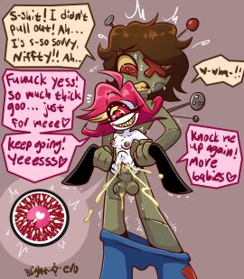 1_eye 1boy 1girls balls black_stockings blightstar brown_hair button_eye crazy_eyes crazy_female crazy_smile crossover cum cum_in_pussy cum_inside cyclops dialogue english_text fanart_from_twitter female fertilization green_bow grey-skinned_female hands_on_legs hazbin_hotel heart-shaped_pupils impregnation impregnation_request lifting_person male needle niffty original pants_down patchwork_creature patchwork_skin penis penis_in_pussy pins pussy red_cheeks red_eyes red_hair red_sclera sharp_teeth short_hair shortstack size_difference smaller_female speech_bubble sperm_meets_ovum stand_and_carry_position standing_sex stitched_penis stitches stockings_only stomach_bulge tagme white_skin yellow_sclera yellow_streak