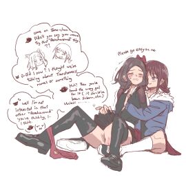 2girls anklehighs anticipation auburn_hair azjames34 barely_visible_genitalia blue_eyes blush breast_grab breasts brown_hair cat_ears chibi color dialogue ear_blush ebizuka_tomo embarrassed english_text female female_pubic_hair full_body girls_band_cry green_shirt groping groping_breasts groping_from_behind hair_ornament hair_ribbon half-closed_eyes hand_under_clothes hoodie humor imminent_fingering iseri_nina lighting looking_at_partner mischievous_smile nervous panties panties_around_leg pants_down pubic_hair pussy pussy_peek reach_around red_panties sitting sketch skirt skirt_lift slight_blush smile smirk speech_bubble spread_legs sweatdrop teasing thighhighs tied_hair white_background yuri