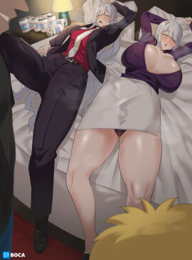 2boys 2girls ak-12_(girls'_frontline) artist_name asleep bare_legs bed beer_can beverage_can black_jacket black_pants blonde_hair blush bob_cut boca breasts can drunk female girls'_frontline gyaruo hi_res huge_breasts imminent_rape imminent_sex lamp large_breasts laying_down laying_on_back laying_on_bed long_hair lying male necktie no_bra panties pantyshot parted_lips purple_shirt red_shirt rpk-16_(girls'_frontline) rpk-16_(renate)_(girls'_frontline) silver_hair sleeping smile suit thick_thighs thighs unbuttoned underwear very_long_hair white_skirt