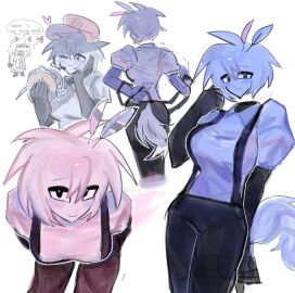 1boy 1girls angry_male artist_request black_arms black_legwear bob_cut collared_shirt engel_(fundamental_paper_education) eyes fast_food fast_food_employee fast_food_uniform feathers female female_focus fundamental_paper_education genderswap genderswap_(mtf) happy_meal holding_food male oliver_(fundamental_paper_education) overalls rule_63 sfw simple_background smiling_at_viewer smiling_female tagme_(artist) tail taking_clothes_off white_background white_hair white_shirt white_skin white_tail