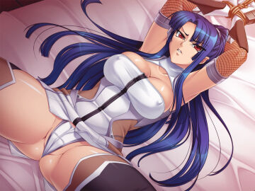00s angry bed blue_hair bondage bound breasts cameltoe curvy female female_focus imminent_penetration kagami_hirotaka large_breasts lilith-soft looking_at_viewer lying official_art on_bed ponytail pussy red_eyes shiny_skin spread_legs taimanin_(series) taimanin_asagi taimanin_asagi_battle_arena taimanin_asagi_kessen_arena thong yatsu_murasaki