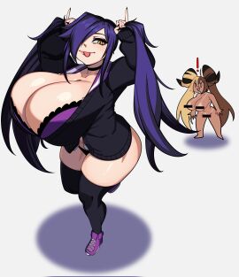 2girls aife_(zanamaoria) big_breasts bikini_tan black_hair black_thighhighs blep blonde_hair breasts brown_hair censor_bar censored character_in_background choker clothing_swap demon female hair_grab hair_on_horn hi_res huge_breasts lady_m_(strongmoist) light-skinned_female light_skin long_hair looking_at_viewer nude nude_female original purple_hair strongmoist succubus tagme tan_skin tanline thick_thighs thighhighs twintails two-tone_hair