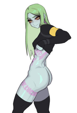 1girls 2d blue_body blue_skin breasts cyberpunk:_edgerunners female long_socks rebecca_(edgerunners) small_breasts solo stopu tagme