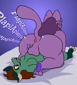 absurd_res american_opossum anthro anus beanwater domestic_cat duo ear_piercing eyewear felid feline felis female female/female fur futanari glasses green_body green_fur hi_res intersex looking_pleasured mammal marlowe_(beanwater) marsupial motion_lines onomatopoeia overweight penetration piercing pouch_(anatomy) pouch_penetration purple_body purple_fur sarah_delphi sound_effects text trans_woman transfem