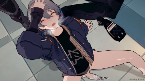 1boy 3d ^_^ absurdres after_sex artist_name black_footwear black_pants black_shirt blue_jacket blush chinese_commentary closed_eyes clothes_on_floor cum cum_on_body cum_on_floor cum_on_penis english_commentary exhausted exhibitionism female grey_hair head_out_of_frame highres jacket male male_focus mixed-language_commentary nude open_mouth pants penis public_indecency public_nudity shirt shoes sirius-kkr18 textless_version wise_(zenless_zone_zero) zenless_zone_zero zhu_yuan