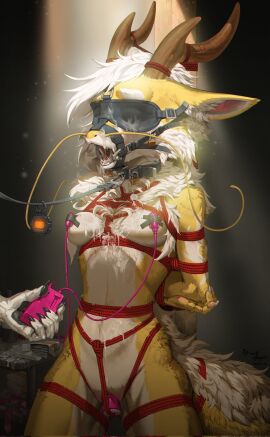 anthro antler_bondage blindfold bodily_fluids bondage bound breasts collar condom cum cum_on_belly cum_on_body cum_on_face dildo dildo_in_vagina dildo_insertion disembodied_hand dragon eastern_dragon egg_vibrator female filled_condom fur furred_dragon furred_scalie gag genital_fluids halter hands_behind_back harness_gag harness_ring_gag hi_res leash leashed_collar mythological_creature mythological_scalie mythology penetration pussy restraints ring_gag rope rope_bondage rope_harness scalie sex_toy sex_toy_in_vagina sex_toy_insertion sexual_barrier_device solo spotlight standing tied_to_pole vaginal_penetration vibrator vibrator_on_nipple wolfwhispermu yellow_body