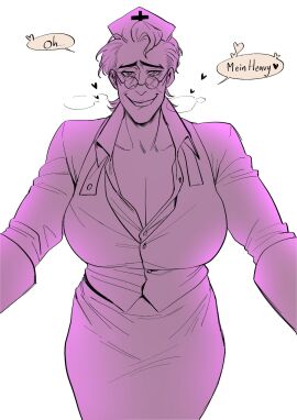 1girls 2d big_breasts biting_lip breasts busty busty_female cleavage curvy curvy_female egabbacc female female_only feminnie_female femmedic forced_exposure giant_breasts girly girly_girl heart-shaped_pupils human human_female human_only large_breasts looking_at_viewer mature_female medic_(team_fortress_2) medical_condition monochrome nurse nurse_cap nurse_uniform older_female pink_highlights rare_condition rule_63 solo suggestive suggestive_look team_fortress_2 venus_body