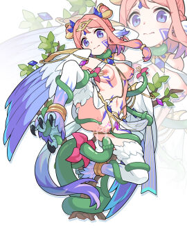 bare_shoulders bimusama bird_legs blush breasts censored commentary_request commission double_bun facial_mark feathers female hair_bun harpy heart heart_censor highres imminent_penetration long_hair medium_breasts monster_girl multicolored_hair nipples original pelvic_curtain pink_hair plant_sex purple_eyes purple_feathers purple_hair purple_wings pussy pussy_juice solo talons tentacle tiara two-tone_hair two-tone_wings underboob vine_tentacle white_background white_feathers wings zoom_layer