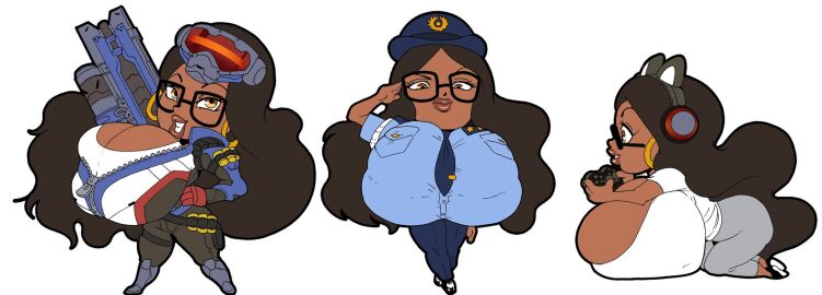 3girls big_breasts breasts caricature chibi cosplay dark-skinned_female dark_skin female gaming glasses himiwako huge_breasts macromastia massive_breasts necklace nose_piercing nose_ring portrait streamer