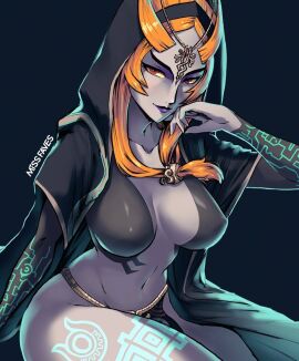 1girls big_breasts bioluminescence black_background breasts circlet collarbone colored_sclera covered_erect_nipples female glowing hood large_breasts long_hair looking_to_the_side midna midna_(true_form) missfaves navel orange_hair purple_lips red_eyes robe sitting smile solo the_legend_of_zelda the_legend_of_zelda:_twilight_princess twili_midna twilight_princess yellow_sclera