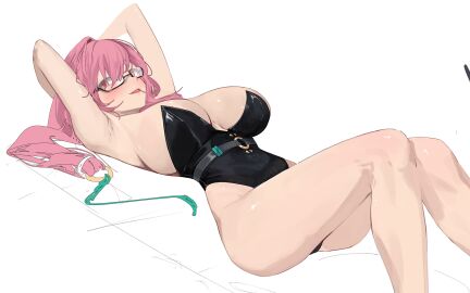 1girls absurdres armpits arms_up black_leotard breasts clothed comic female glasses hair_between_eyes highres jaihu large_breasts leotard long_hair looking_at_viewer lying on_back pink_eyes pink_hair solo strapless strapless_leotard thighs tsukishiro_yanagi zenless_zone_zero