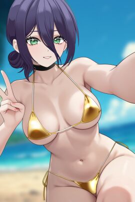 1girls beach bikini black_choker blue_sky blurry blurry_background breasts chainsaw_man choker cloud collarbone commentary day english_commentary female female_focus female_only gold_bikini golden_bikini golden_week green_eyes hair_bun hani26 highres looking_at_viewer medium_breasts navel ocean outdoors paid_reward_available parted_lips purple_hair reze_(chainsaw_man) selfie sky solo solo_female solo_focus stomach swimsuit v