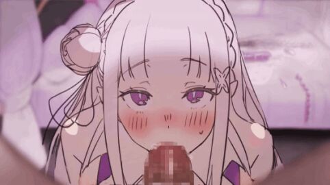 1boy 1girls animated bangs bedroom bedroom_background big_breasts big_penis blowjob blush blushing_at_viewer breasts crown_braid dark-skinned_male dark_skin drool_string elf_female emilia_(re:zero) erection female gif half-elf human human_male interracial interspecies light-skinned_female light_skin long_hair looking_at_viewer male naked naked_male penis pointy_ears pov purple_eyes re:zero_kara_hajimeru_isekai_seikatsu sex sex_toy silver_hair sucking_penis