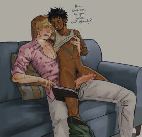 1boy 1cuntboy armpit_hair big_penis black_hair blonde_hair blush breath chest_tattoo clitoris cuntboy dark-skinned_cuntboy dark_skin donquixote_rosinante english_text erect_clitoris erection facial_hair foreskin genderswap genderswap_(mti) goatee grinding grinding_on_penis hand_on_another's_head happy_trail huge_penis interracial interracial_cuntboy intersex light-skinned_male light_skin long_sideburns male male_on_cuntboy mti_crossgender one_piece pants_down partially_retracted_foreskin pec_grab penis penis_out precum precum_drip pubic_hair pussy retracted_foreskin rule_63 scars shirt_up sideburns sleeves_rolled_up smile sofa spicy splunkydunk sweat tattoo tattoos teasing trafalgar_law uncensored uncircumcised
