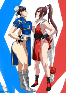 2girls akiman_pose bottomless bracelet breast_contest breast_press breasts breasts_to_breasts capcom catfight chinese_clothes chun-li cleavage cropped_jacket crossover docking double_bun eye_contact eyeshadow fat_breasts fatal_fury fatal_fury:_city_of_the_wolves female flat_belly full_body gloves hair_bun hands_on_own_hips highres jewelry jiggle king_of_fighters large_breasts looking_at_another mai_shiranui makeup mature mature_female multiple_females multiple_girls ninrubio no_panties no_panties_under_dress revealing_clothes simple_background skimpy skimpy_clothes snk street_fighter street_fighter_6 sumo_wrestling symmetrical_docking thick_thighs thighs tight_clothes voluptuous voluptuous_body voluptuous_female