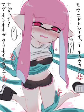 1girls bangs black_bra blunt_bangs blush bra breasts cleavage dolphin_shorts female inkling inkling_girl japanese_text jellyfish_(splatoon) long_hair navel nintendo one_shoe one_shoe_on open_mouth pink_eyes pink_hair pointy_ears restrained shirt shirt_lift shorts splatoon splatoon_(series) tamanya tentacle tentacle_molestation tentacle_rape tentacles