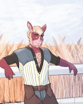 animated armpit_hair beard blonde_hair body_hair button_down_shirt button_up_shirt chance_selby chaps chest_hair cock dick erection experiment facial_hair freckles freckles_on_face grey_eyes hairy hairy_arms hairy_back hairy_chest hairy_legs hay_in_mouth horse_boy horse_ears image_set jeans leaning_against_railing leaning_back male male_only oc original original_character outside penis porteryaoi pubic_hair red_skin short_hair sideburns skin_markings solo solo_male straw_in_mouth tall